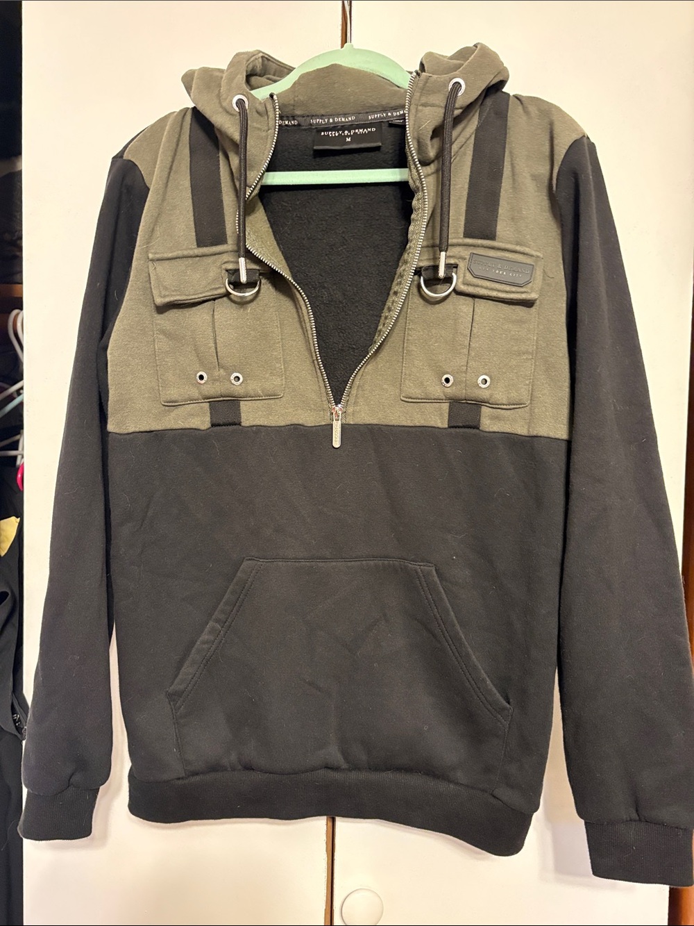 Supply and Demand Men's Two-Tone Olive and Black Zip-Up Hoodie